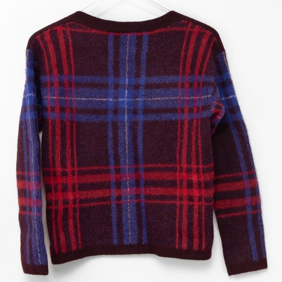 Ann Taylor Knit Sweater Jacquard Boatneck Plaid Blue Red Size XXS New - Picture 3 of 5